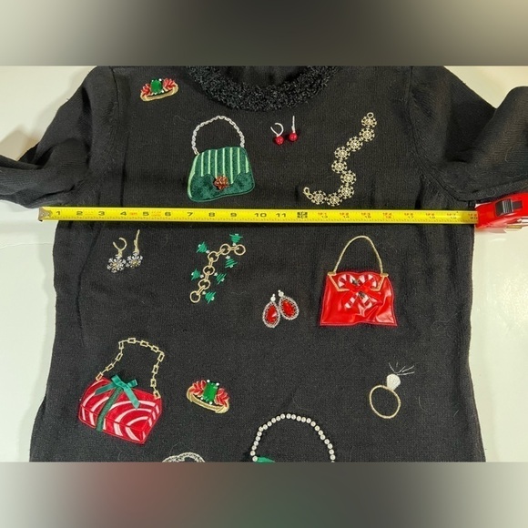 Merry & Bright black embellished embroidered Christmas sweater sz L bling glam - Picture 9 of 11